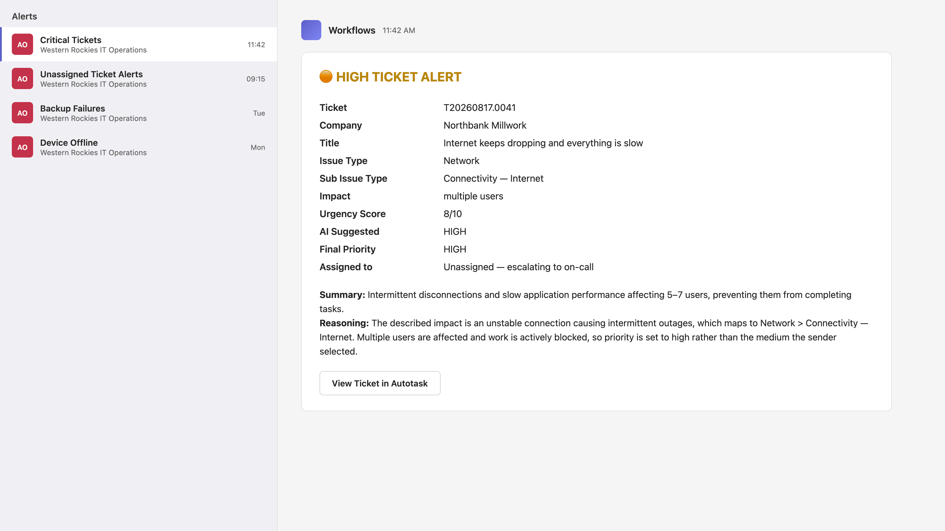 The critical-ticket card as it lands in Teams: the classification, the reasoning behind it, and who it is addressed to. Reconstructed with a synthetic ticket.